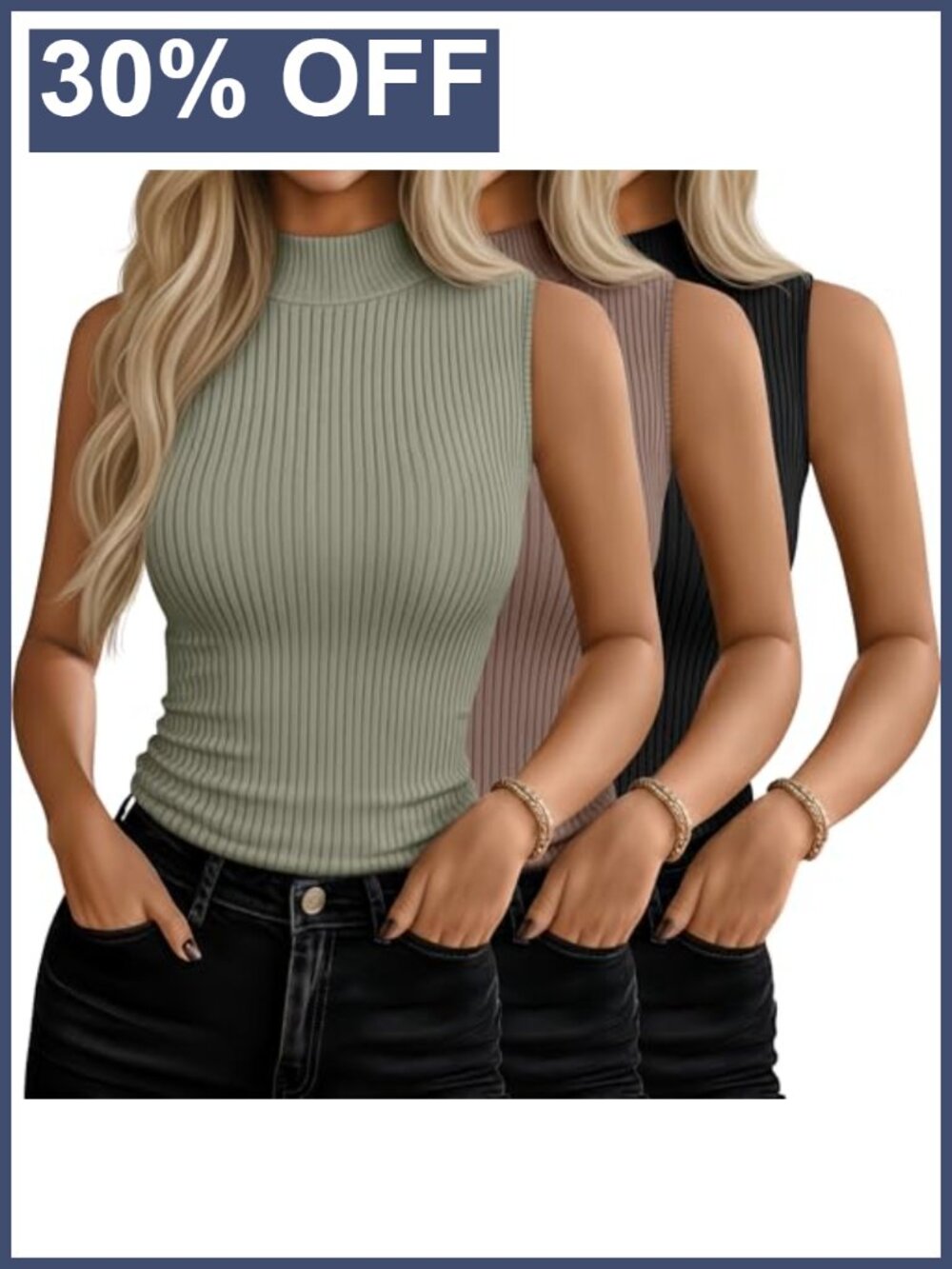 Mock Turtleneck Tank Top Sleeveless Fitted Layering Shirt 3 Pack